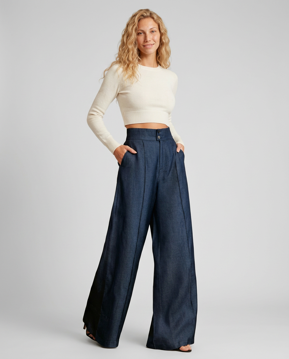 high-waist wide-leg jeans, navy - worn view