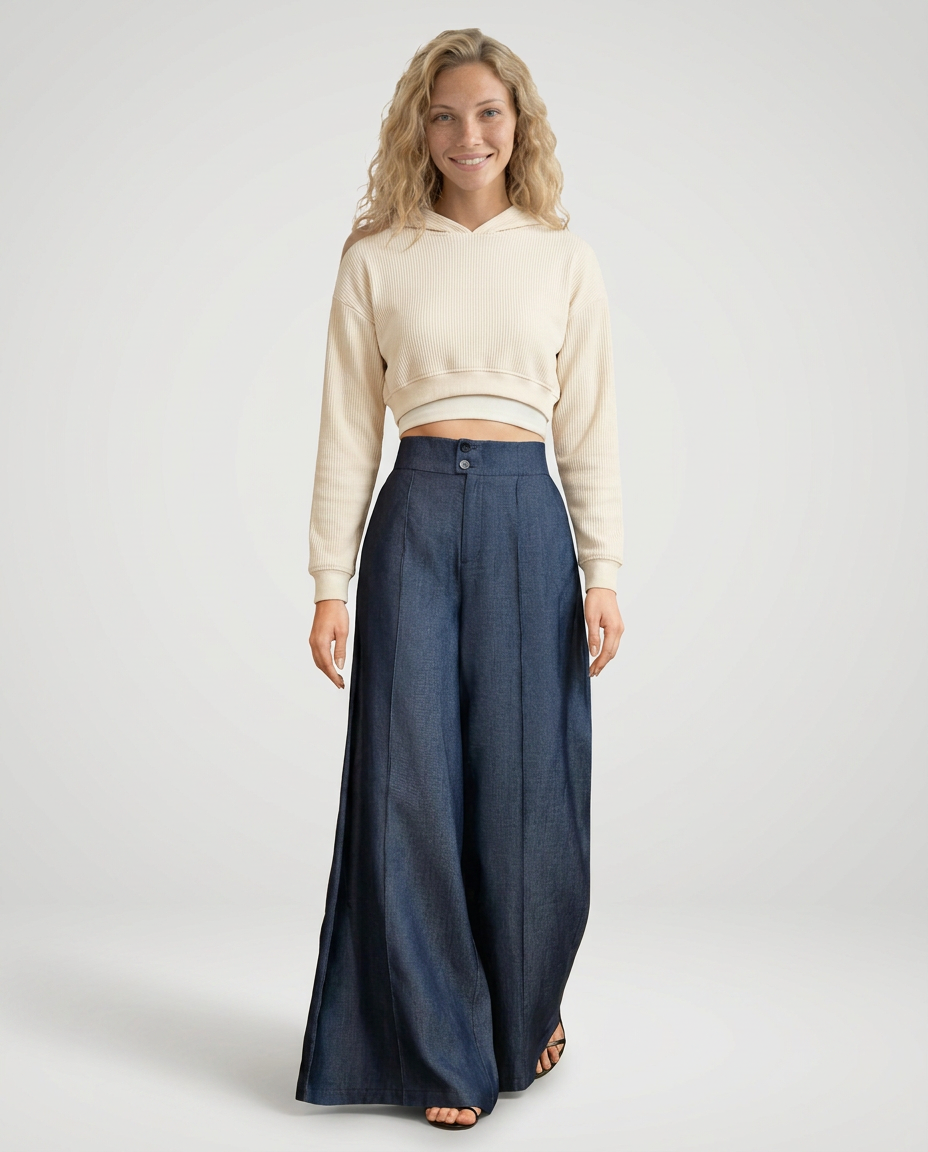 high-waist wide-leg jeans, navy - worn view