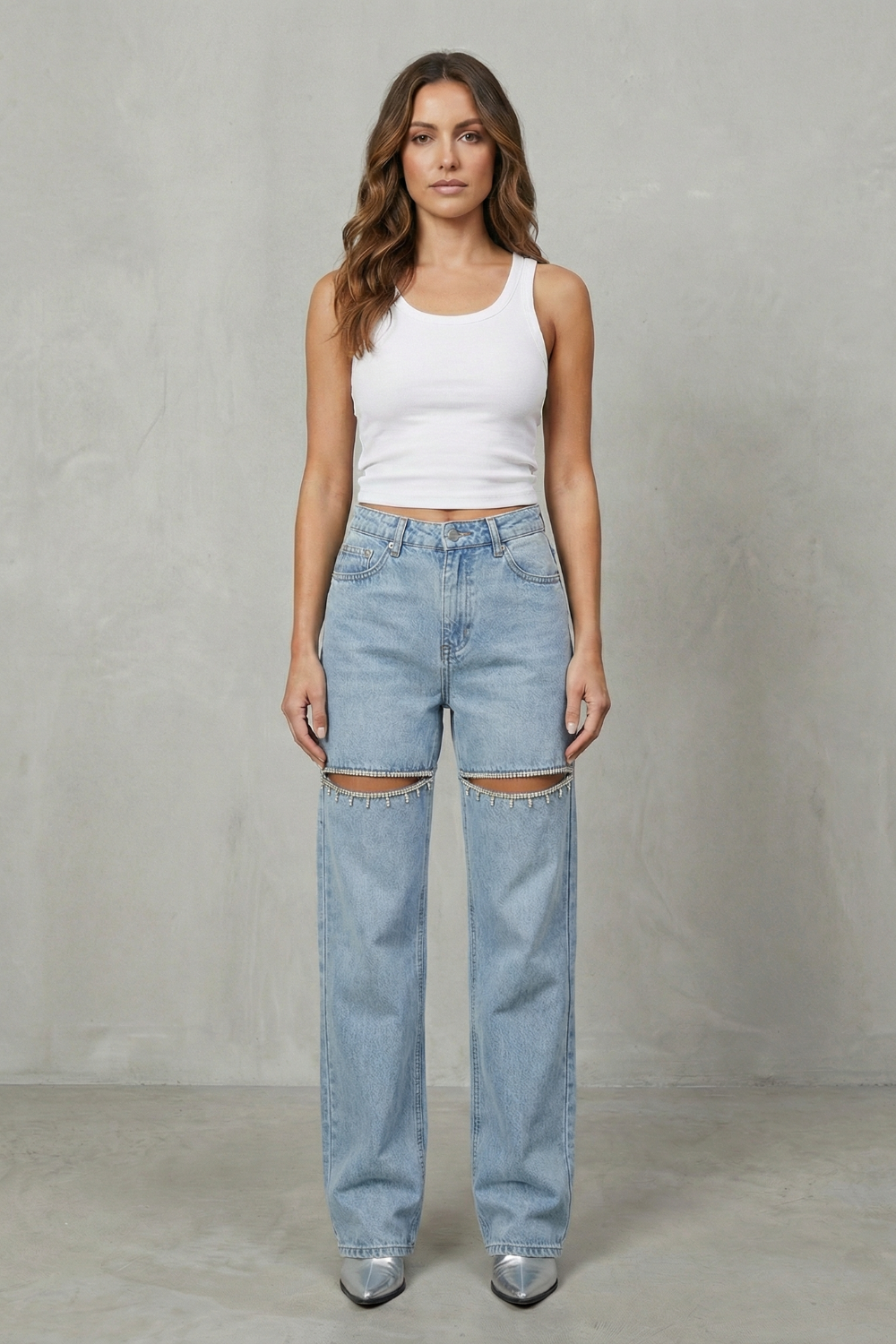 wide-leg jeans with knee cut-outs, light blue - worn view