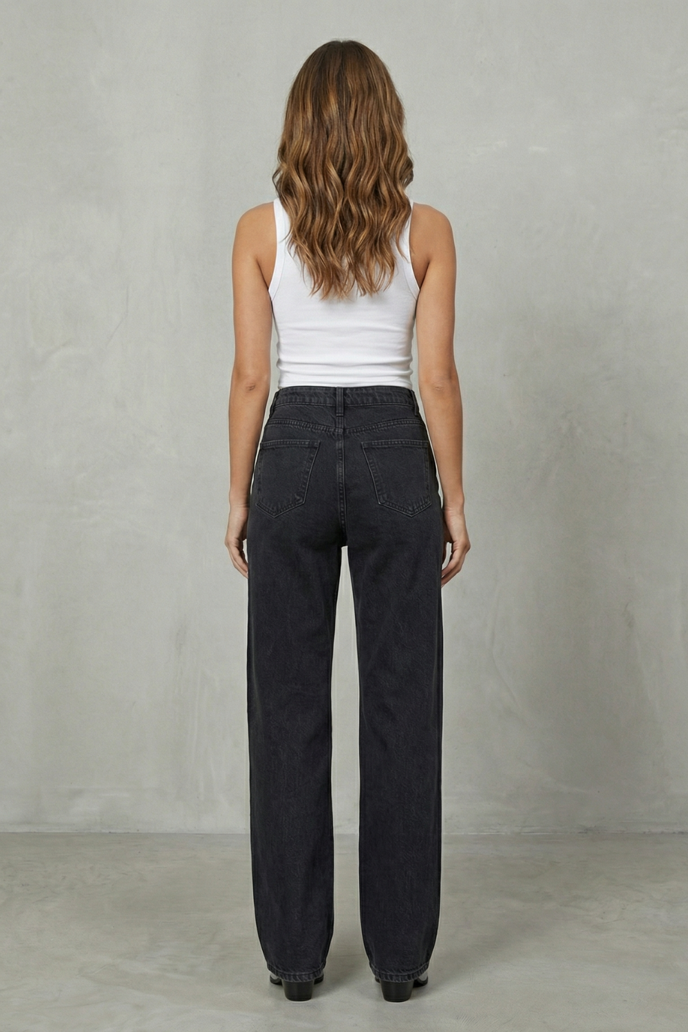 wide-leg jeans with knee cut-outs, washed black - worn view