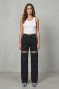 wide-leg jeans with knee cut-outs, washed black - worn view