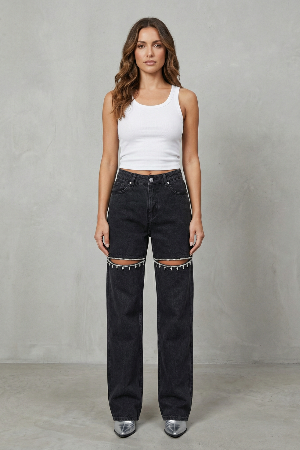 wide-leg jeans with knee cut-outs, washed black - worn view