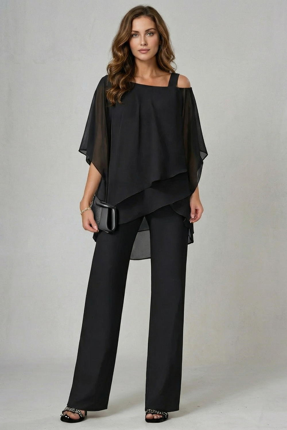 asymmetric layered top and wide-leg trouser set, black - worn view