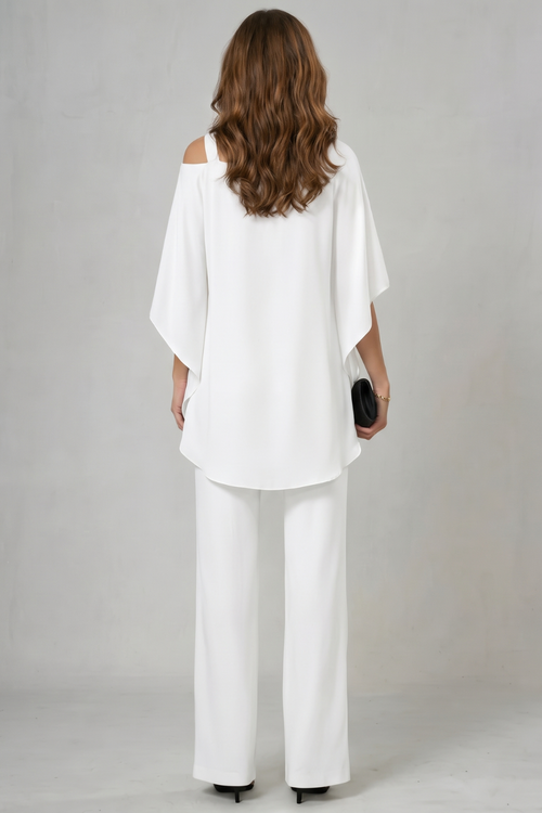 asymmetric layered top and wide-leg trouser set, white - worn view