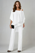 asymmetric layered top and wide-leg trouser set, white - worn view