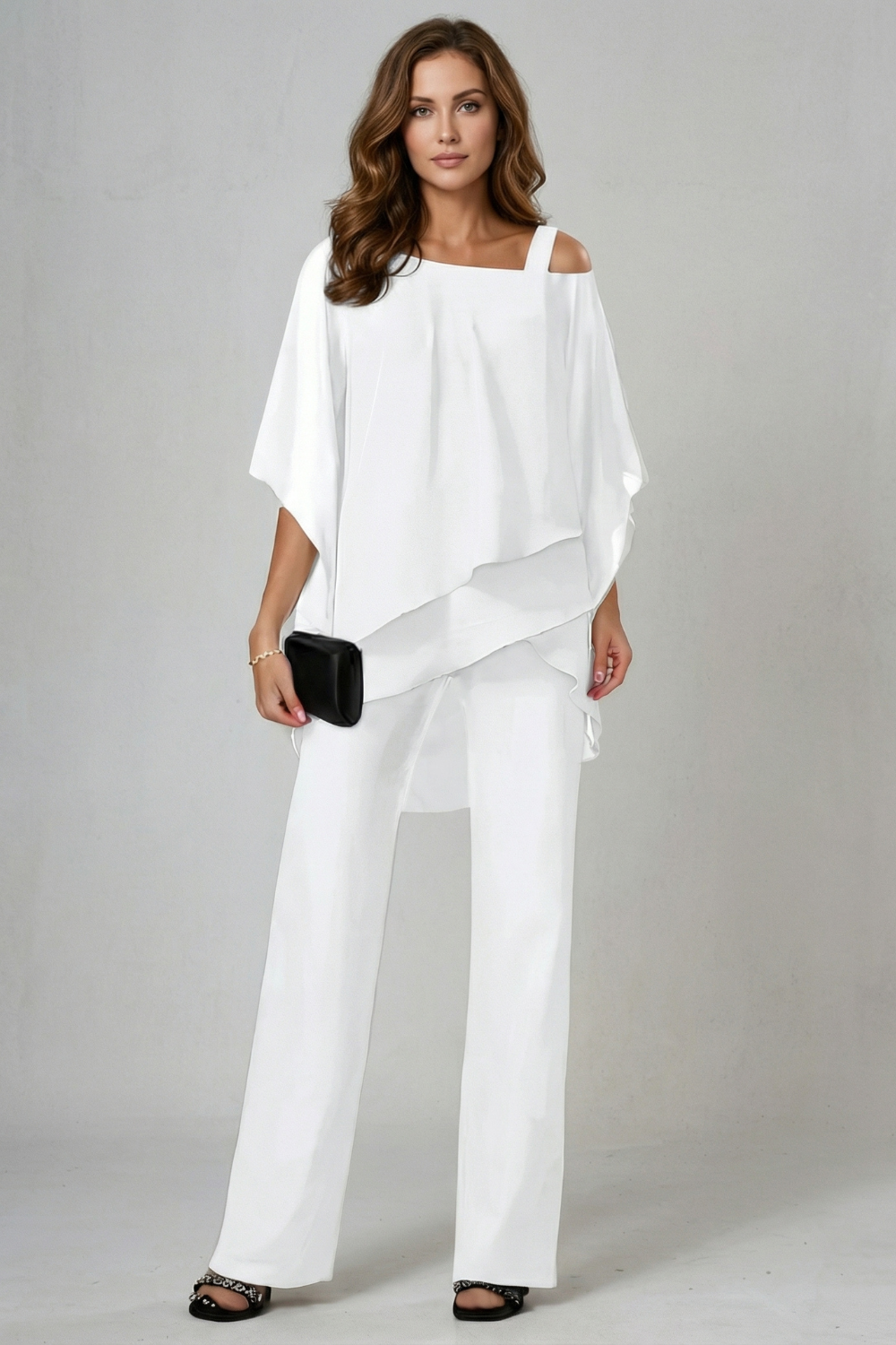 asymmetric layered top and wide-leg trouser set, white - worn view