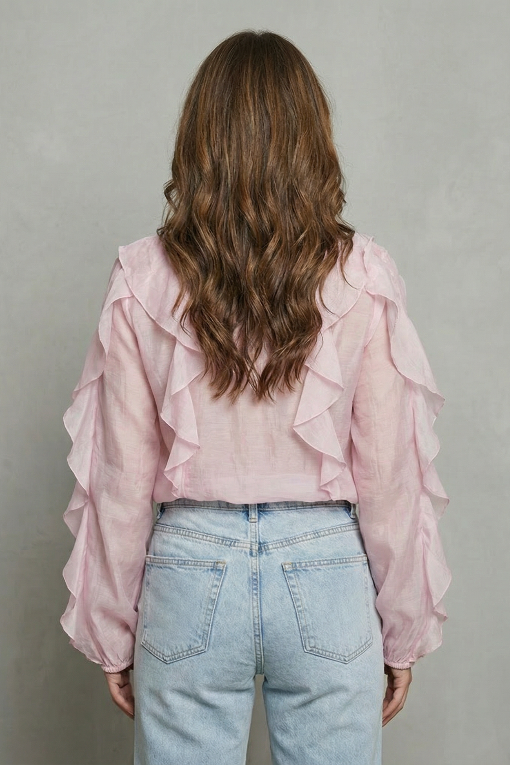 ruffle blouse with gathered cuffs, pink - worn view