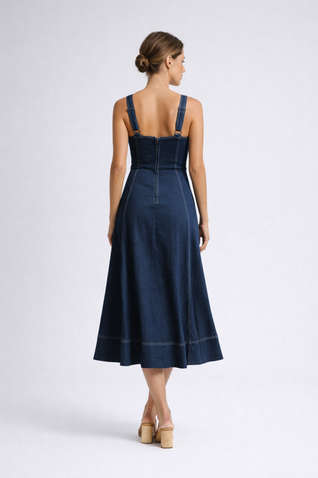 sweetheart button-front midi dress, dark blue - worn view