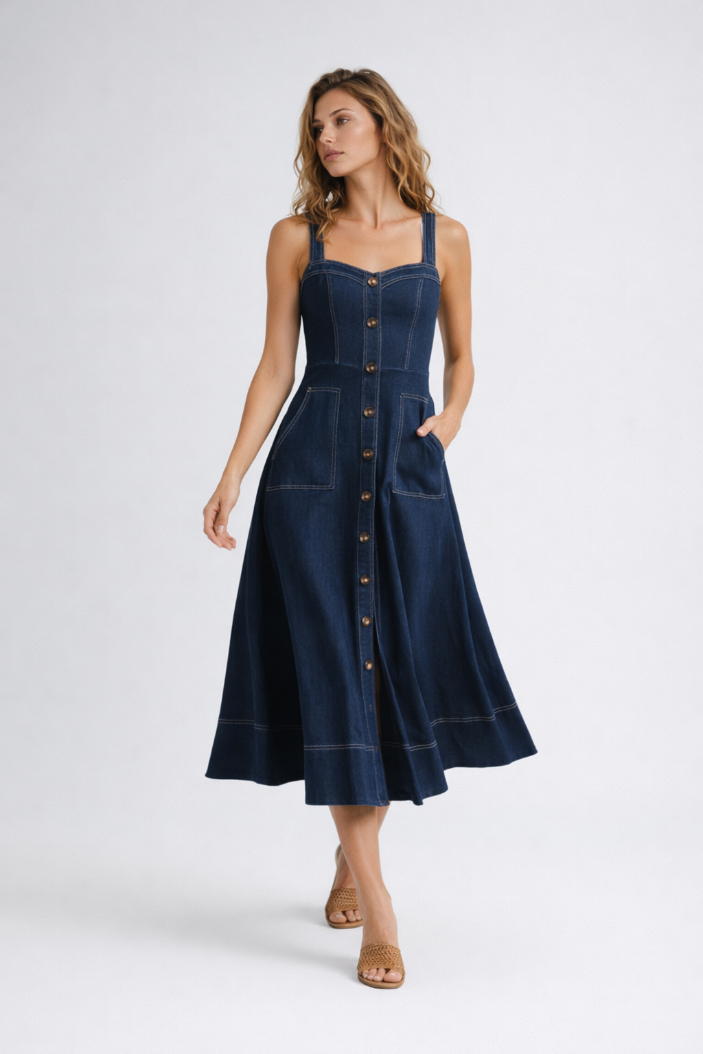 sweetheart button-front midi dress, dark blue - worn view