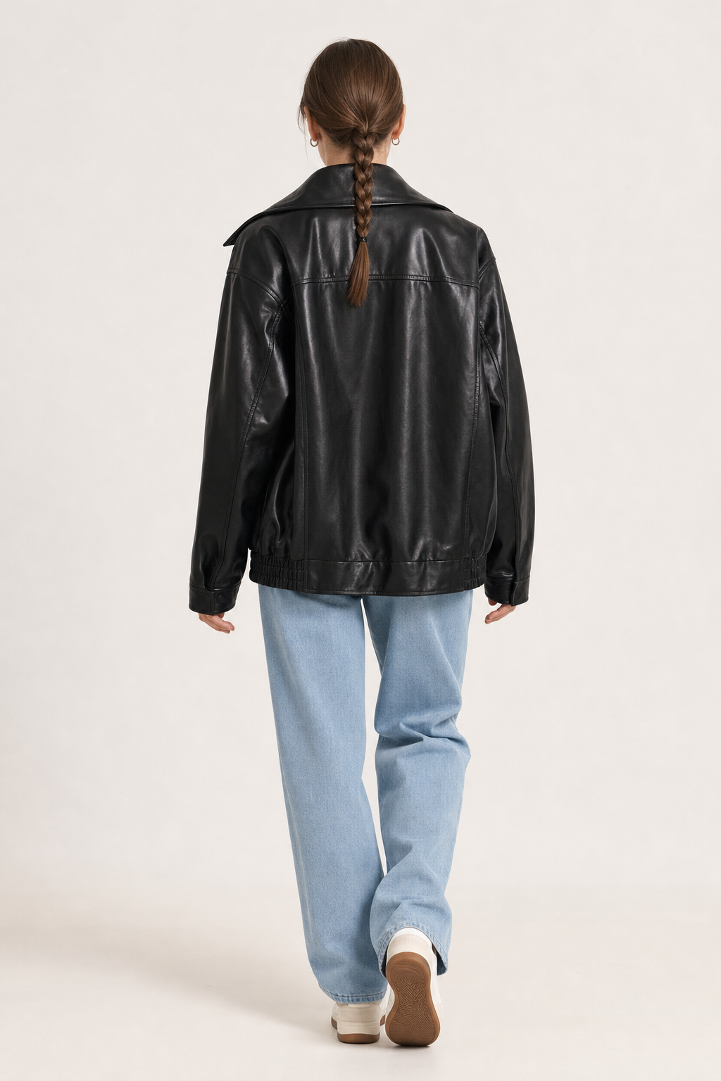 oversized bomber jacket with wide collar, black - worn, full-length view