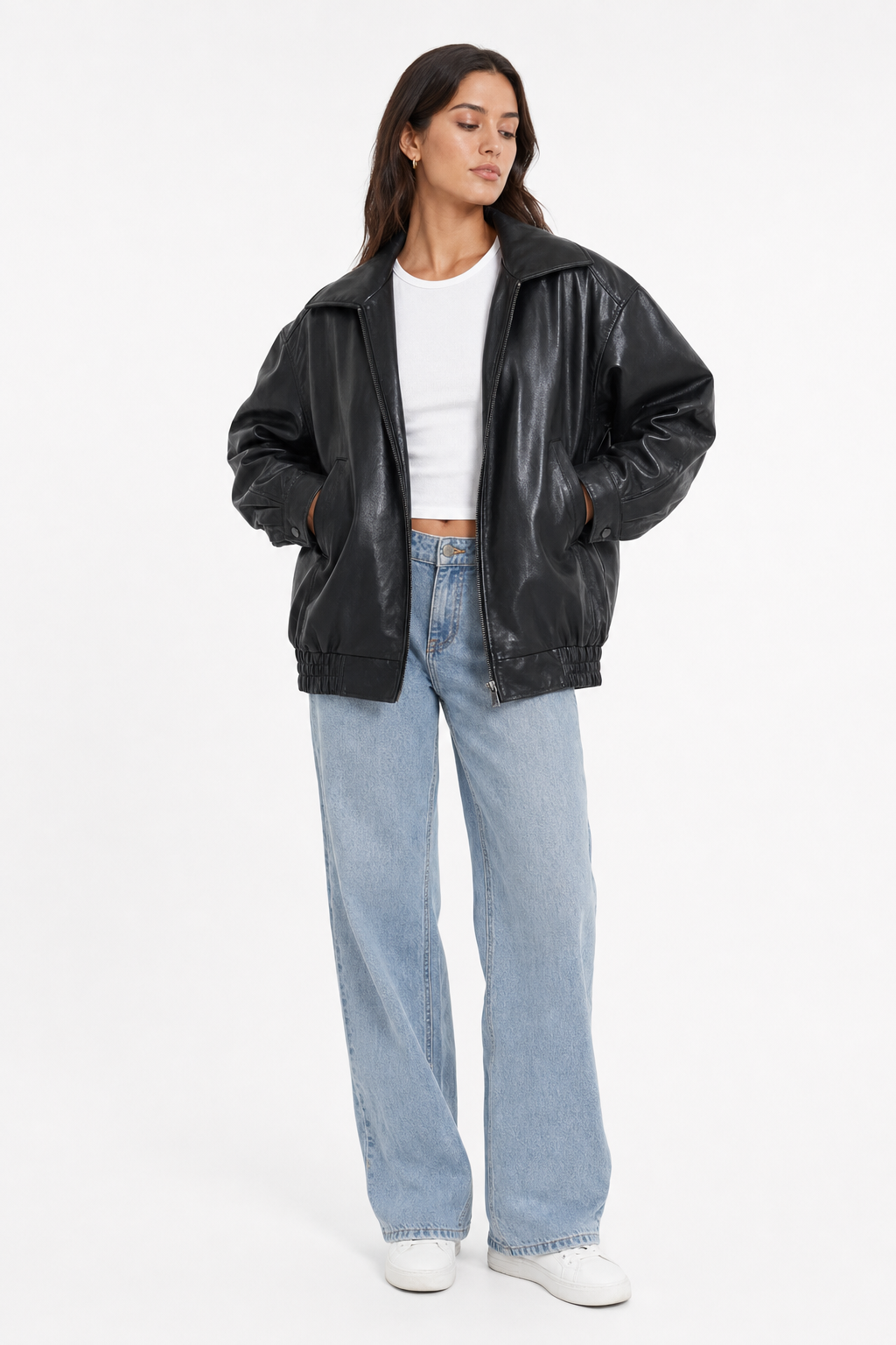 oversized bomber jacket with wide collar, black - front view