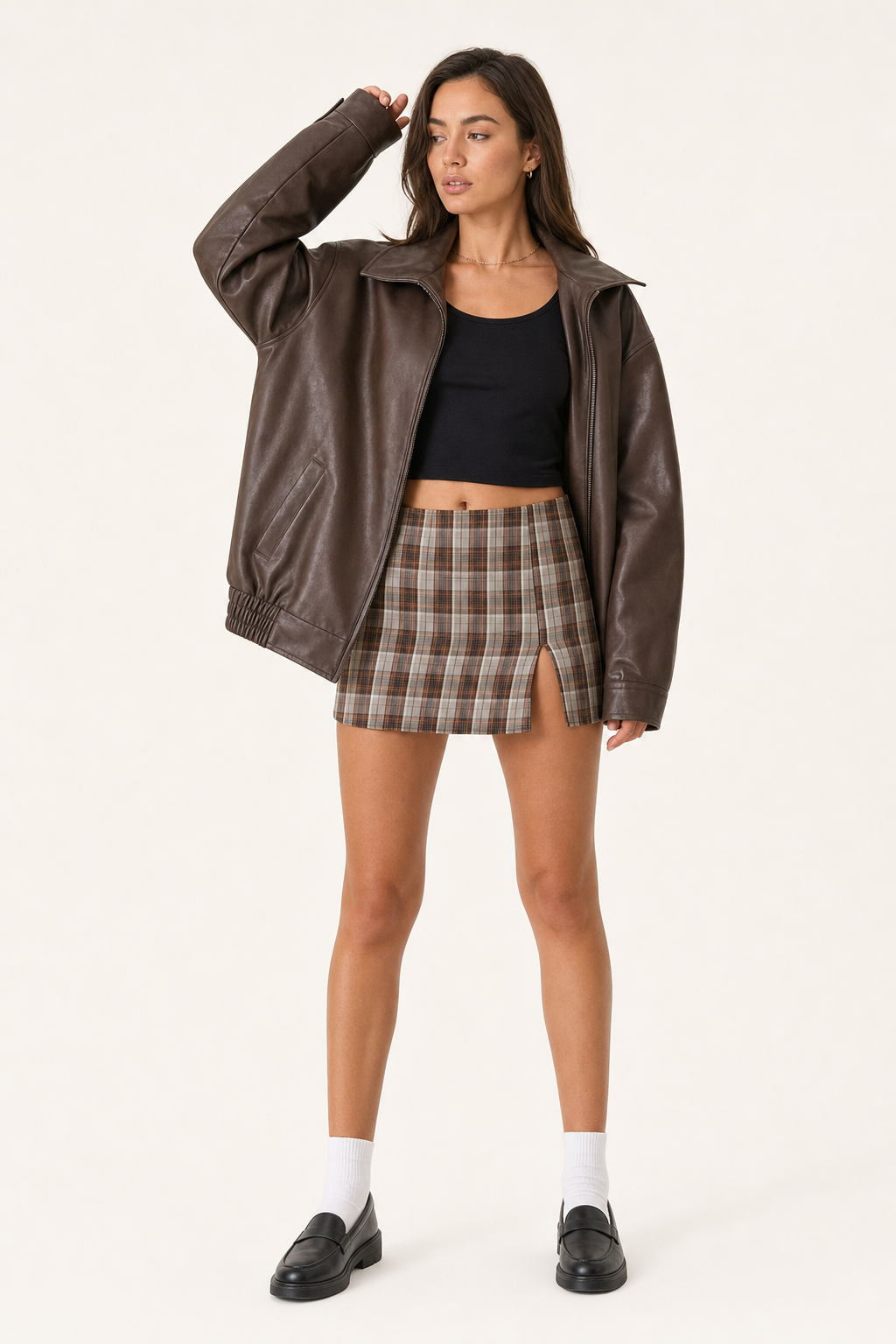 oversized bomber jacket with wide collar, brown - front view