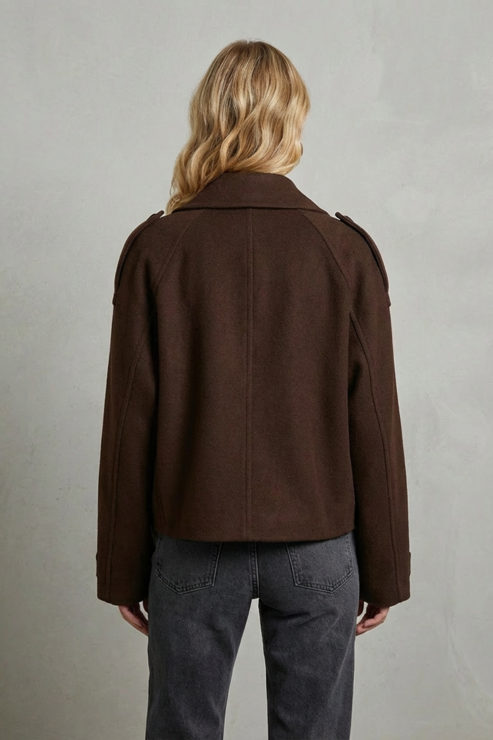 cropped double-breasted jacket, brown - worn view