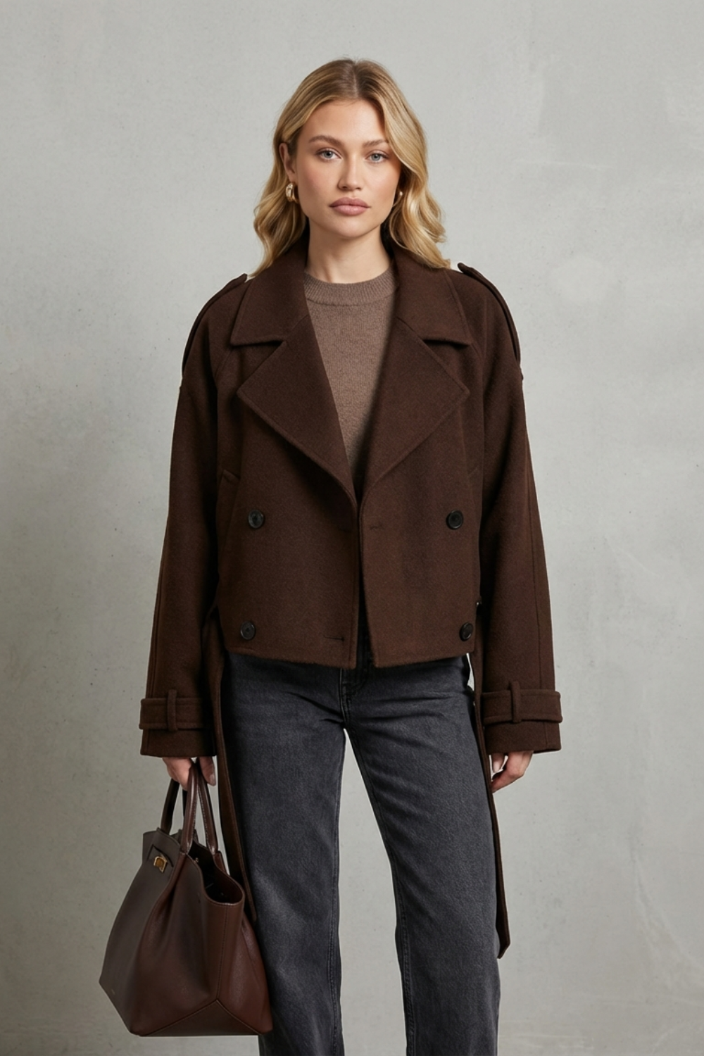 cropped double-breasted jacket, brown - worn view