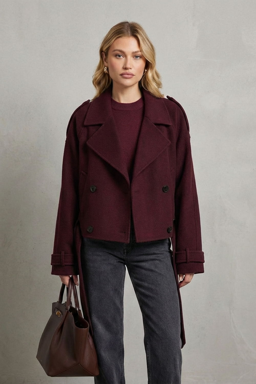 cropped double-breasted jacket, wine red - worn view
