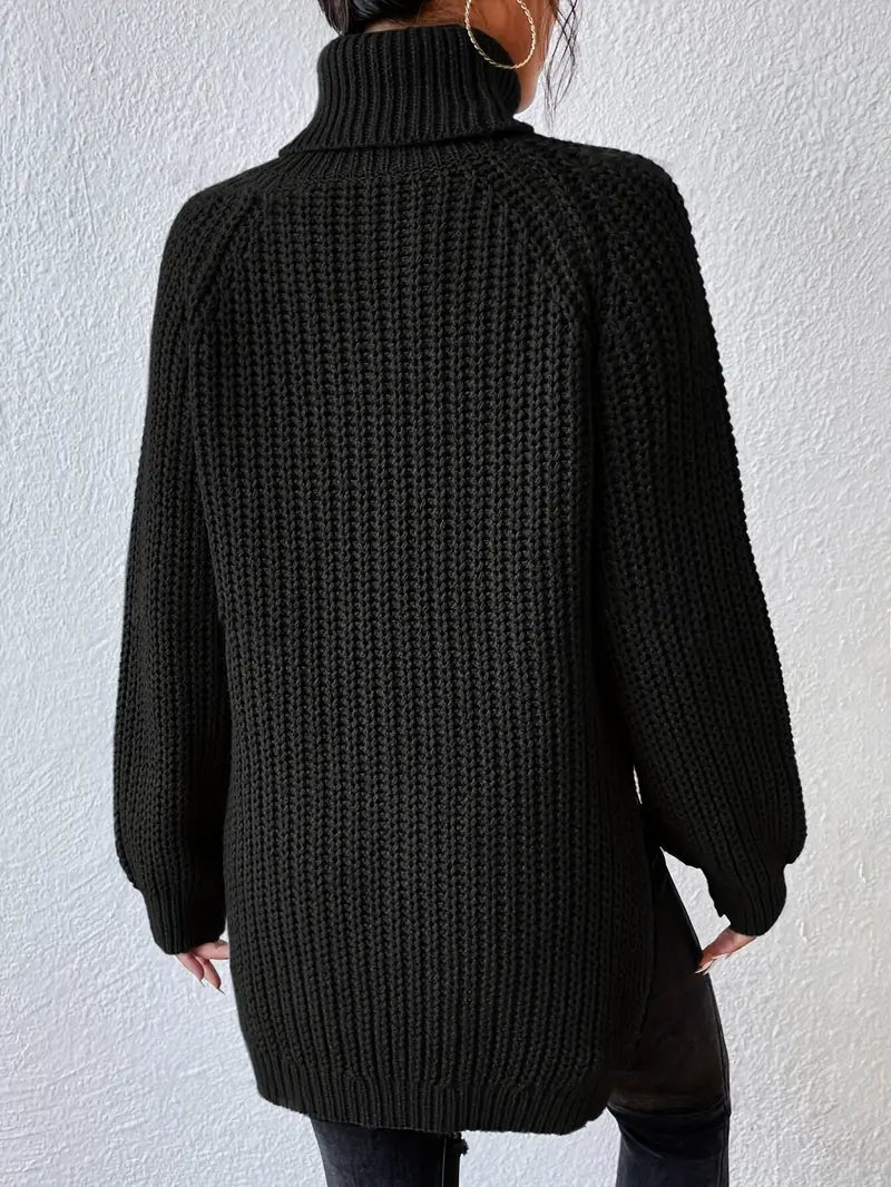 chunky turtleneck jumper with side slits, black - worn view
