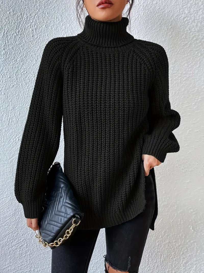 chunky turtleneck jumper with side slits, black - worn view