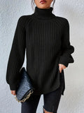 chunky turtleneck jumper with side slits, black - worn view