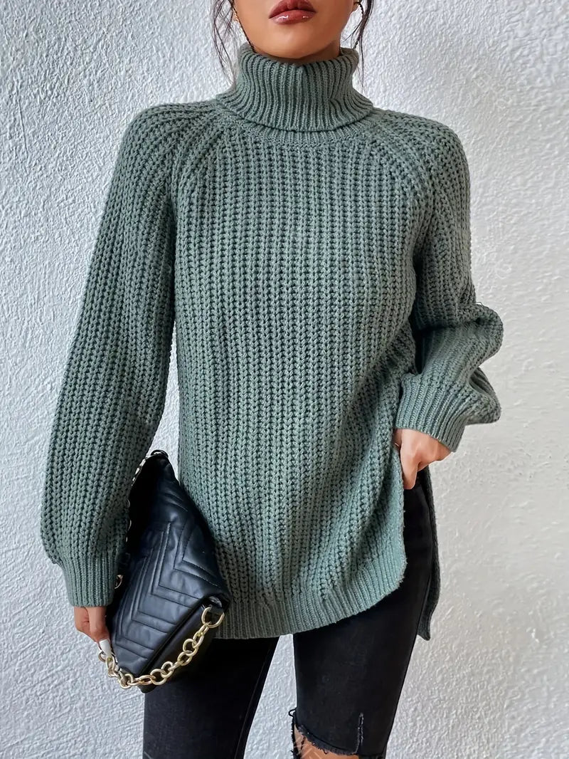 chunky turtleneck jumper with side slits, sage - worn view