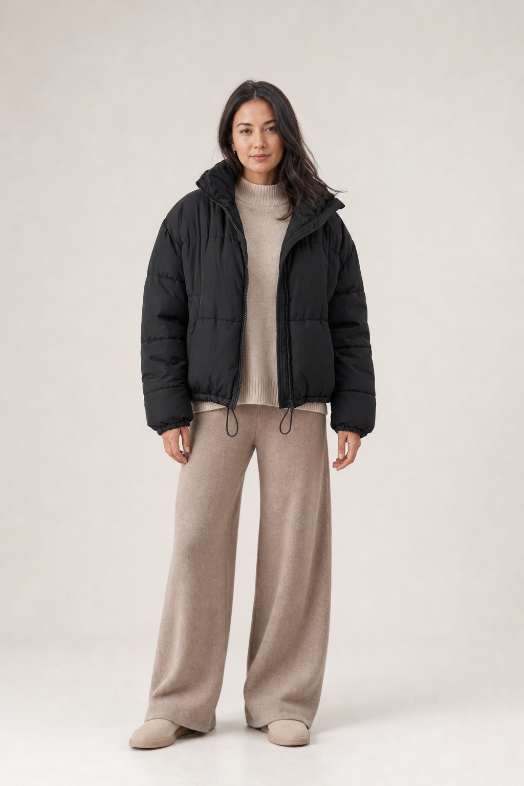 cropped puffer jacket, black - front view