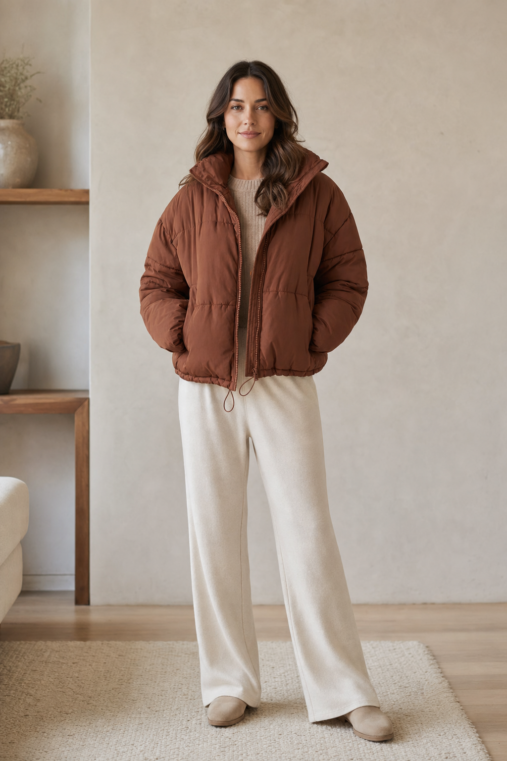 cropped puffer jacket, brown - worn, full-length view