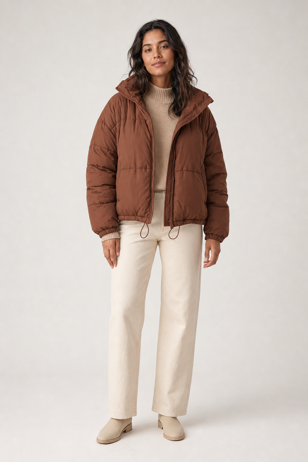 cropped puffer jacket, brown - front view