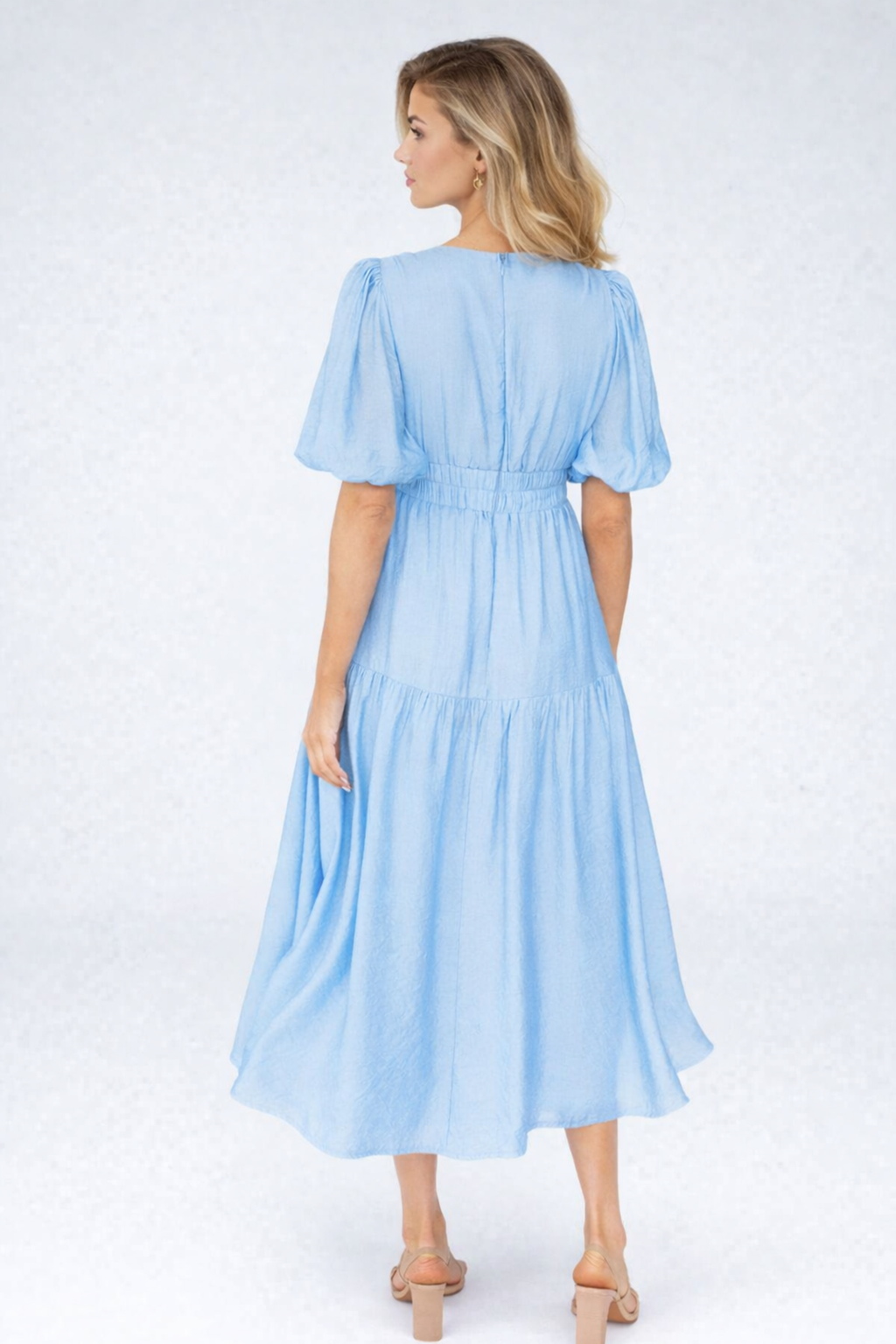 tiered midi dress with puff sleeves, light blue - worn view