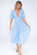 tiered midi dress with puff sleeves, light blue - worn view