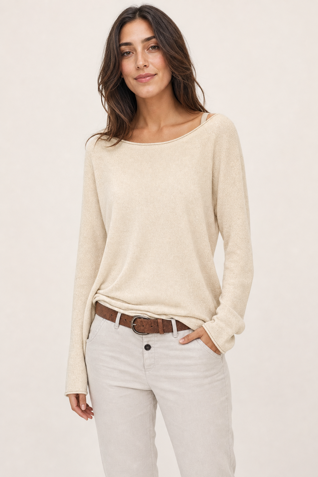 relaxed boat neck top, beige - front view