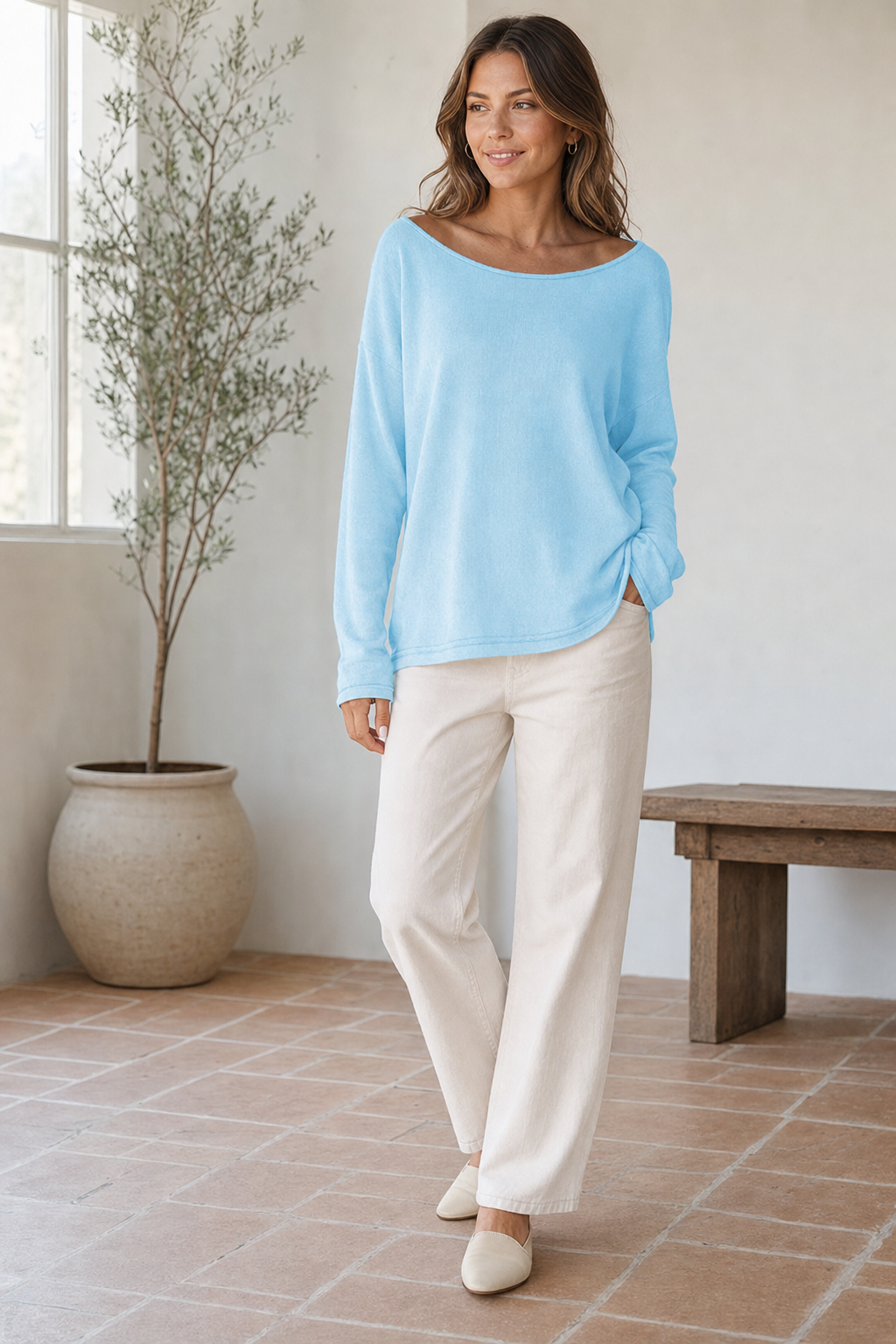 relaxed boat neck top, light blue - worn, full-length view