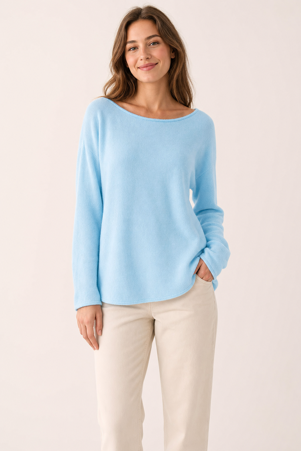 relaxed boat neck top, light blue - front view