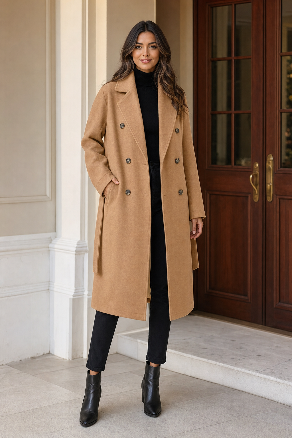 belted double-breasted coat, camel - worn, full-length view