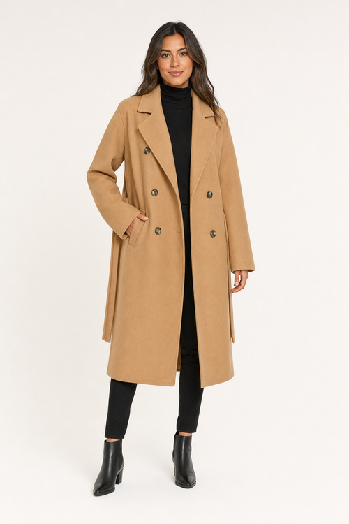 belted double-breasted coat, camel - front view