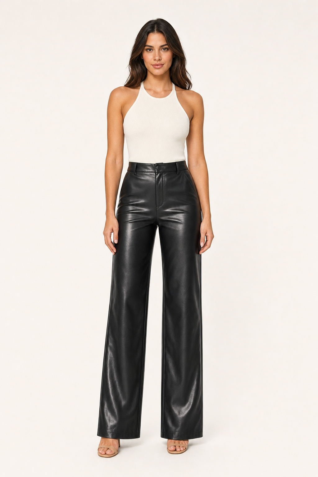 high-waist faux leather trousers, black - front view