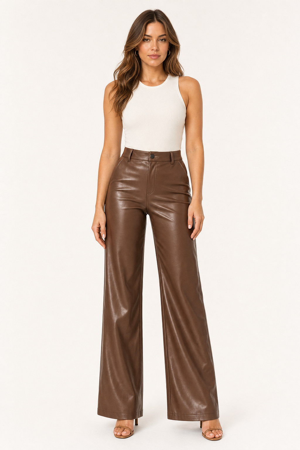 high-waist faux leather trousers, brown - front view