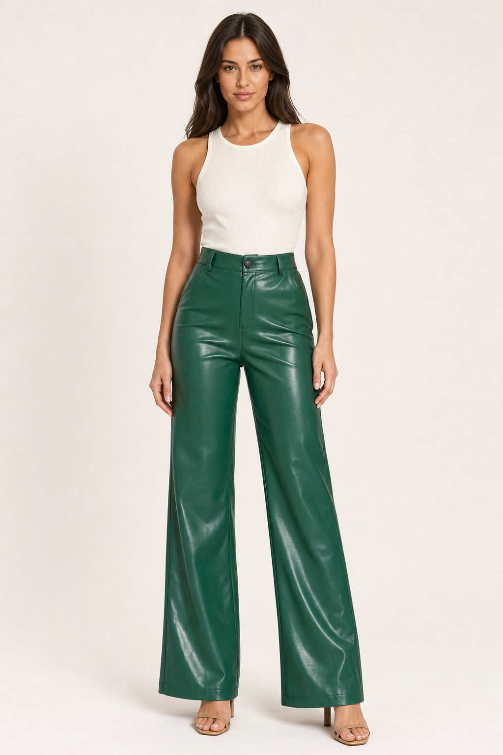 high-waist faux leather trousers, green - front view