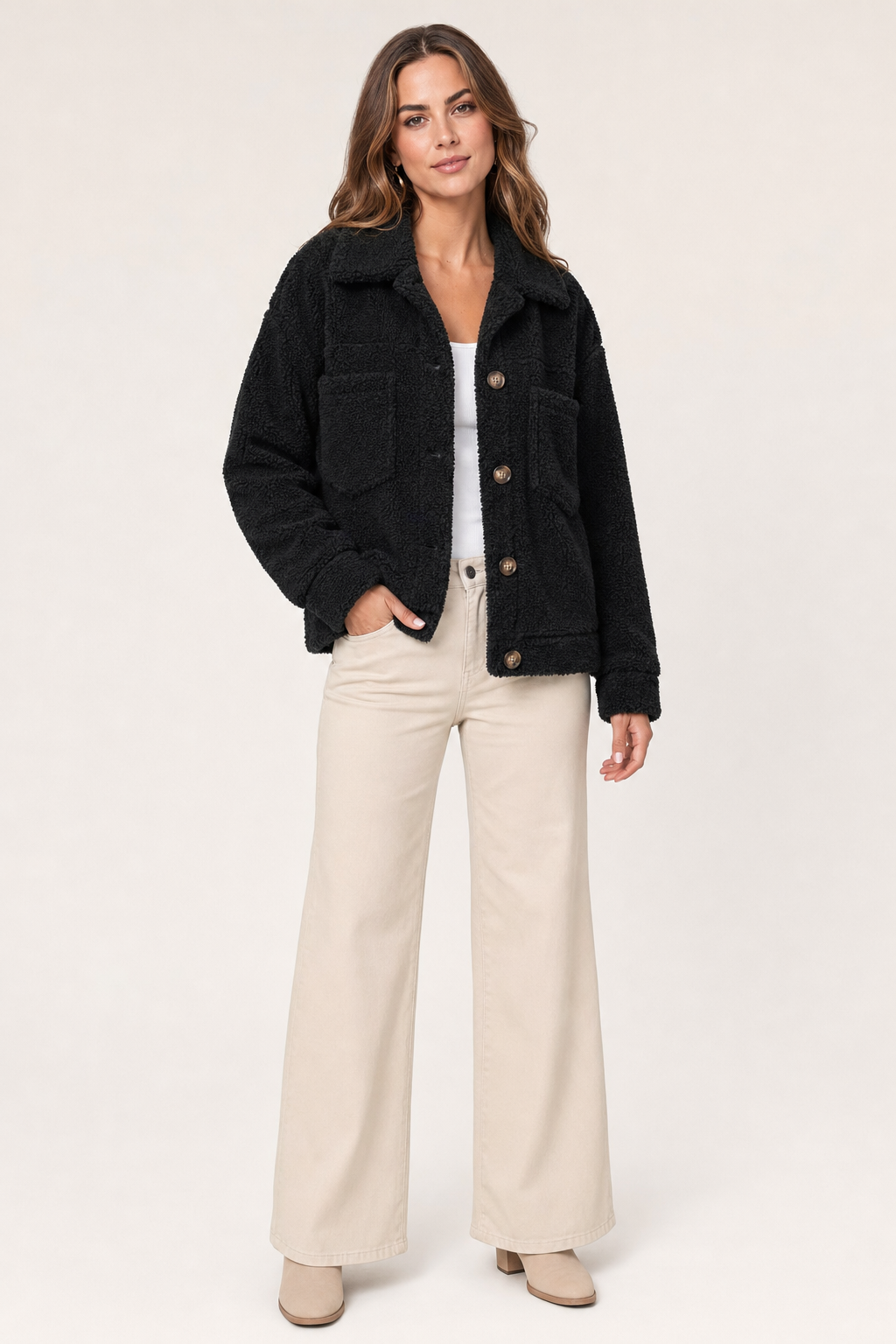 textured button-up jacket with chest pockets, black - front view
