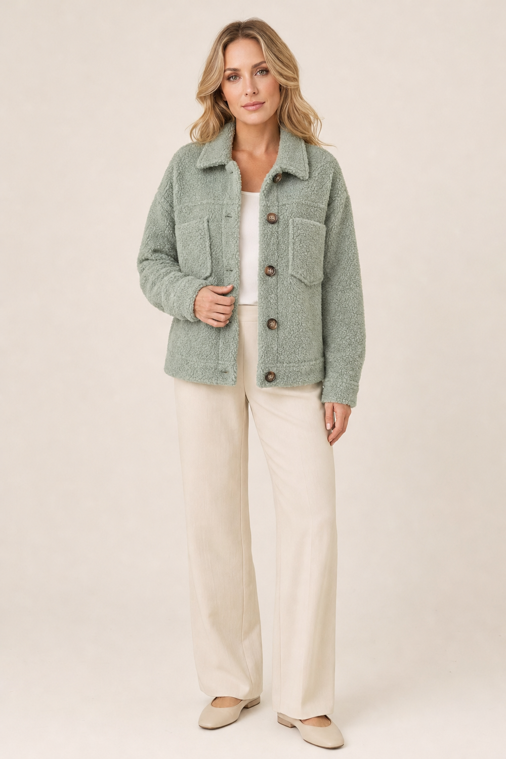 textured button-up jacket with chest pockets, sage - front view