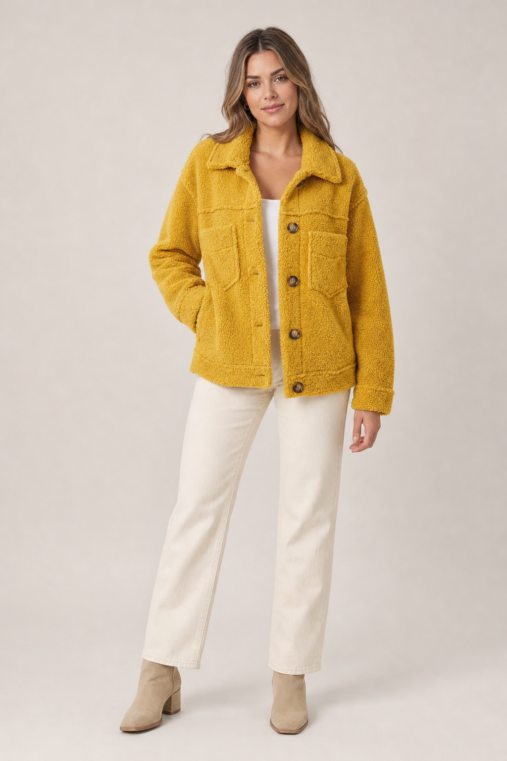 textured button-up jacket with chest pockets, yellow - front view