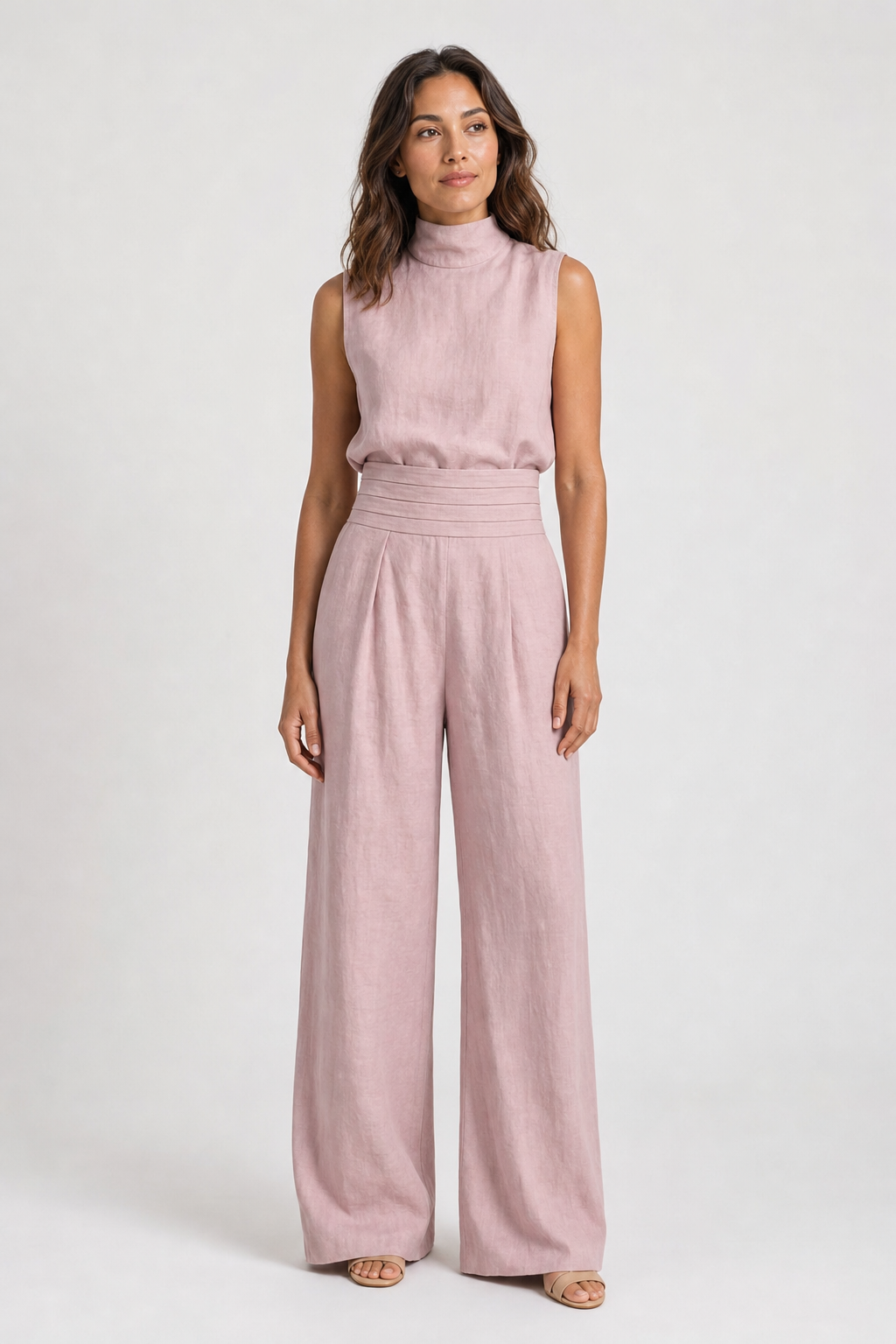 funnel neck top and wide-leg trouser set, dusty pink - front view