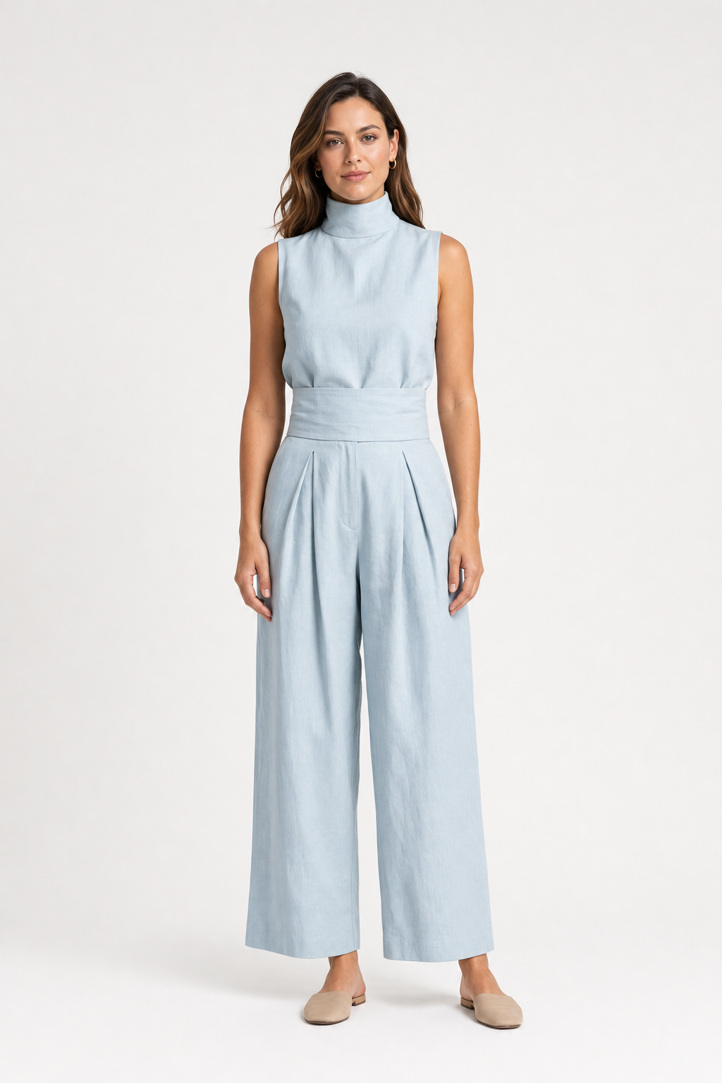funnel neck top and wide-leg trouser set, light blue - front view