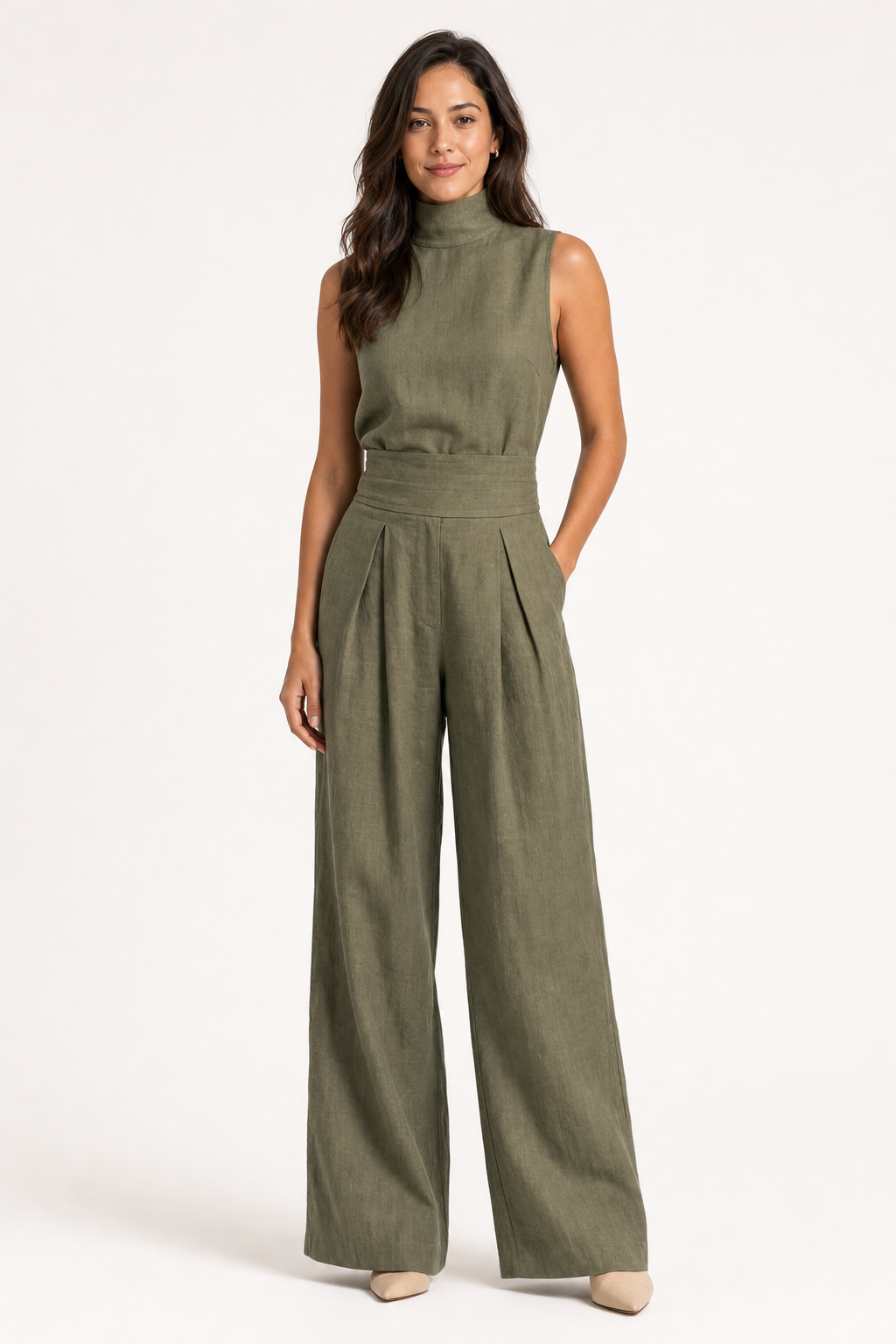 funnel neck top and wide-leg trouser set, olive - front view