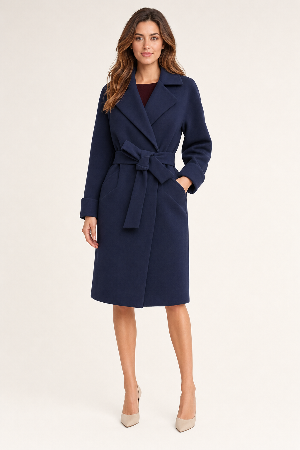 belted wrap coat, navy - front view