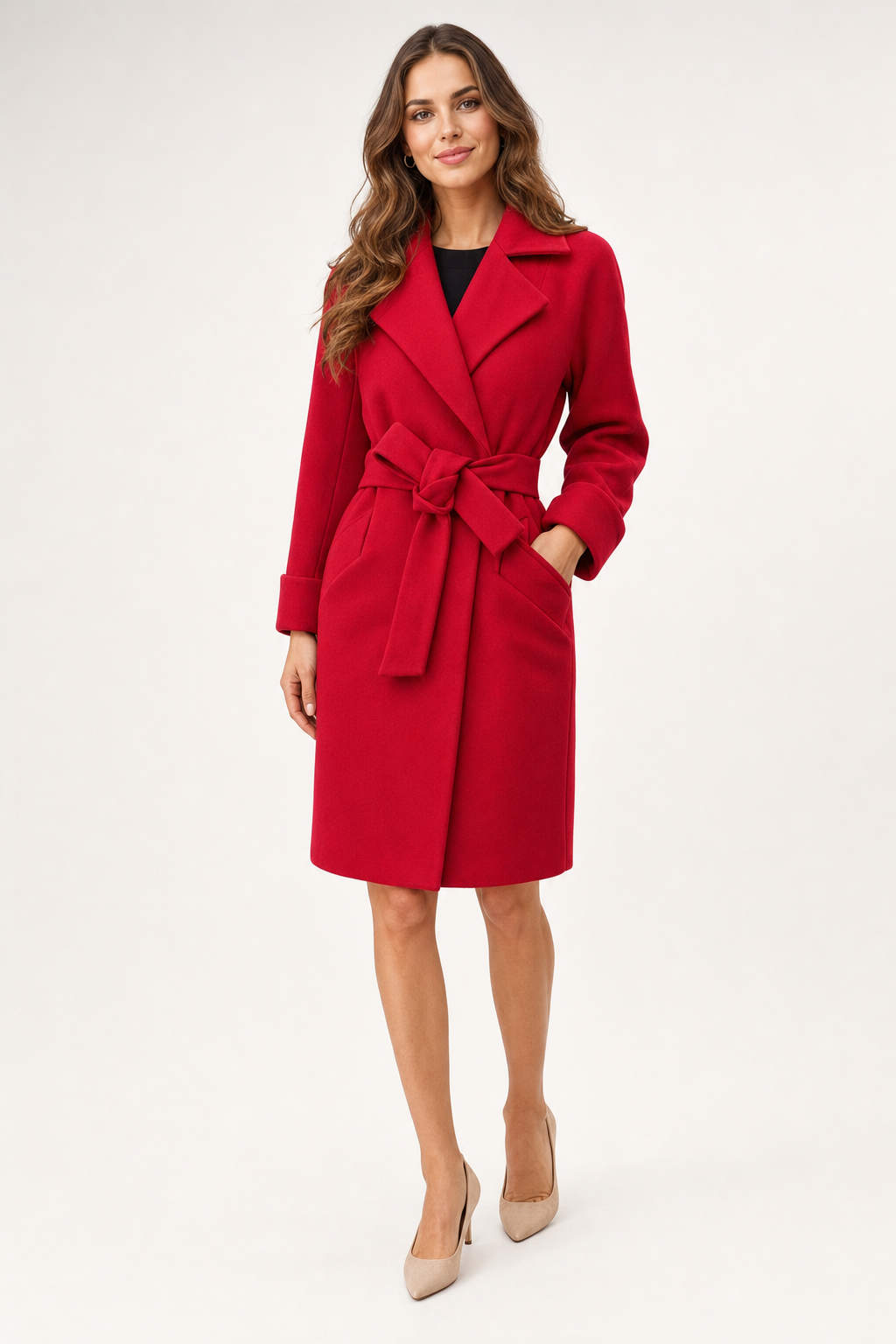 belted wrap coat, red - front view