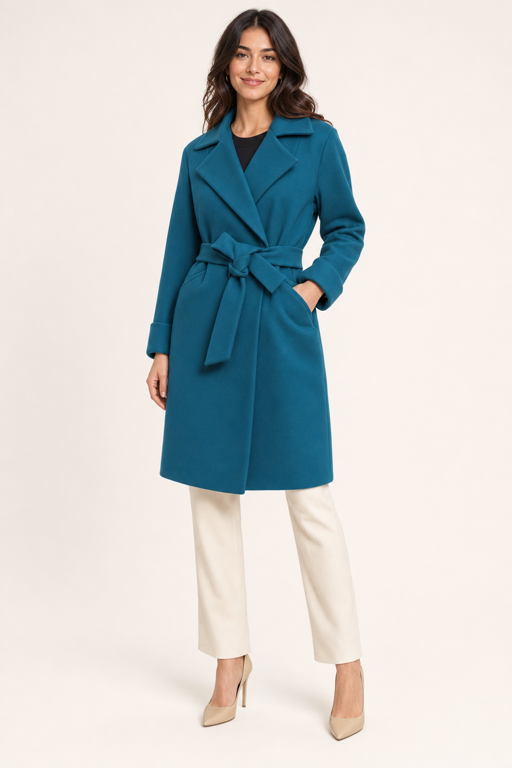 belted wrap coat, teal - front view