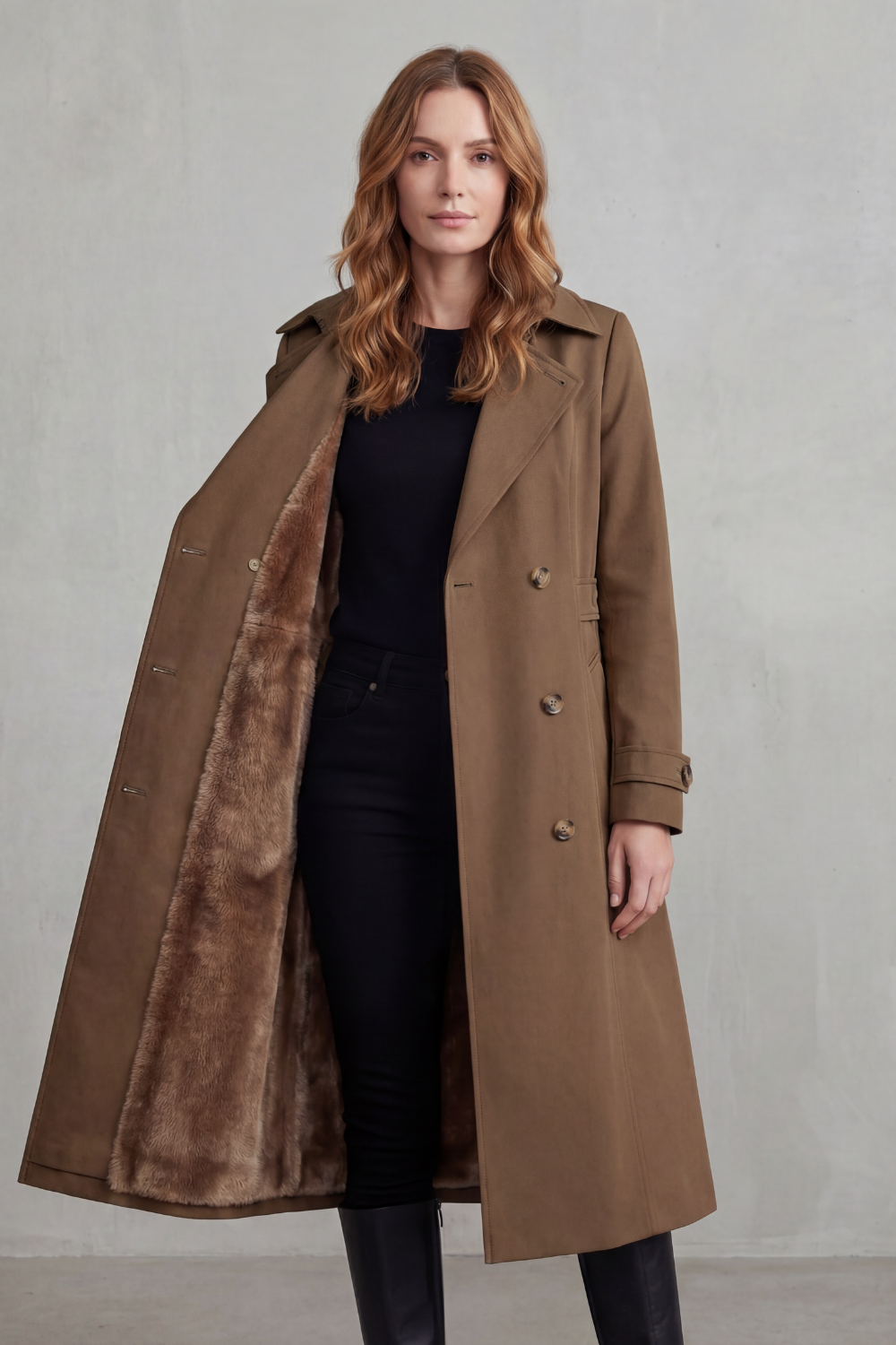plush-lined belted trench coat, brown - worn view