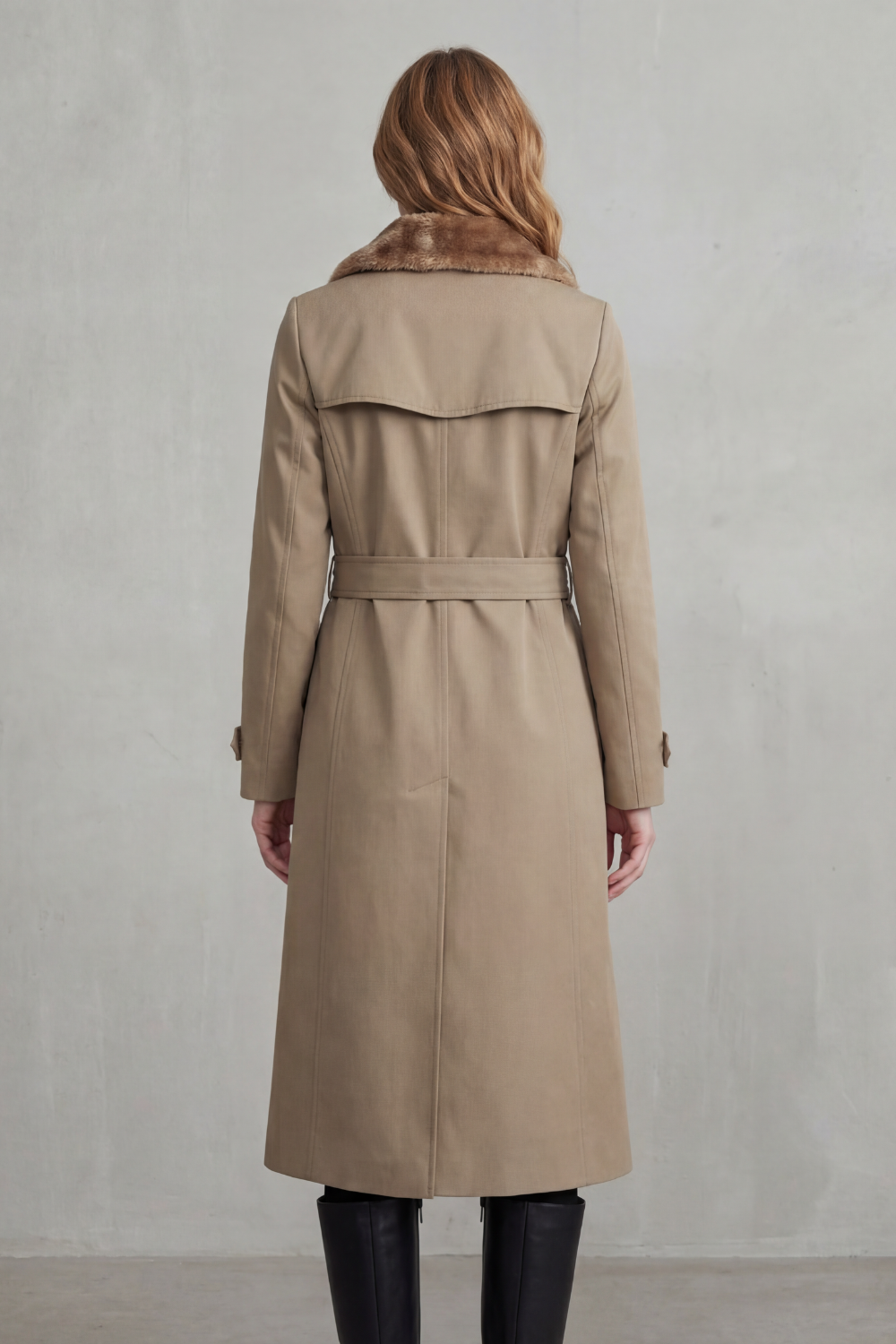 plush-lined belted trench coat, khaki - worn view
