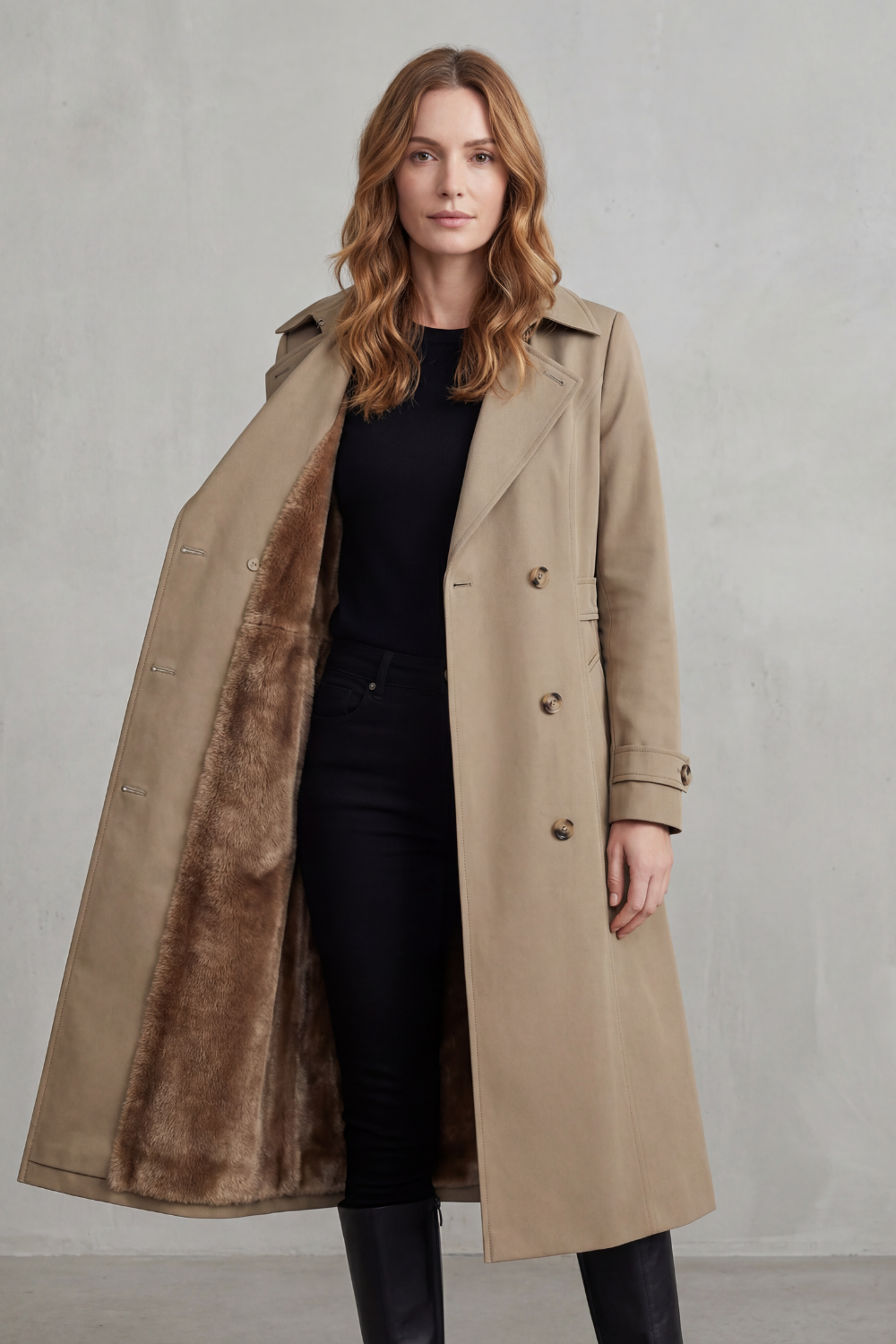 plush-lined belted trench coat, khaki - worn view