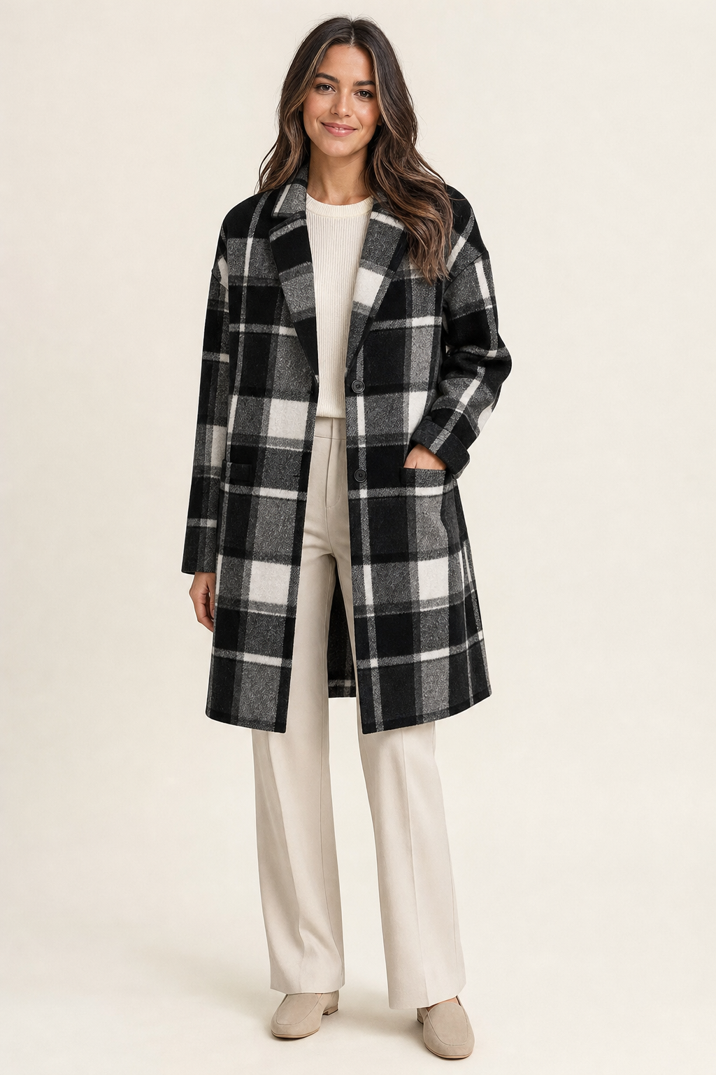relaxed checked longline coat, black - front view