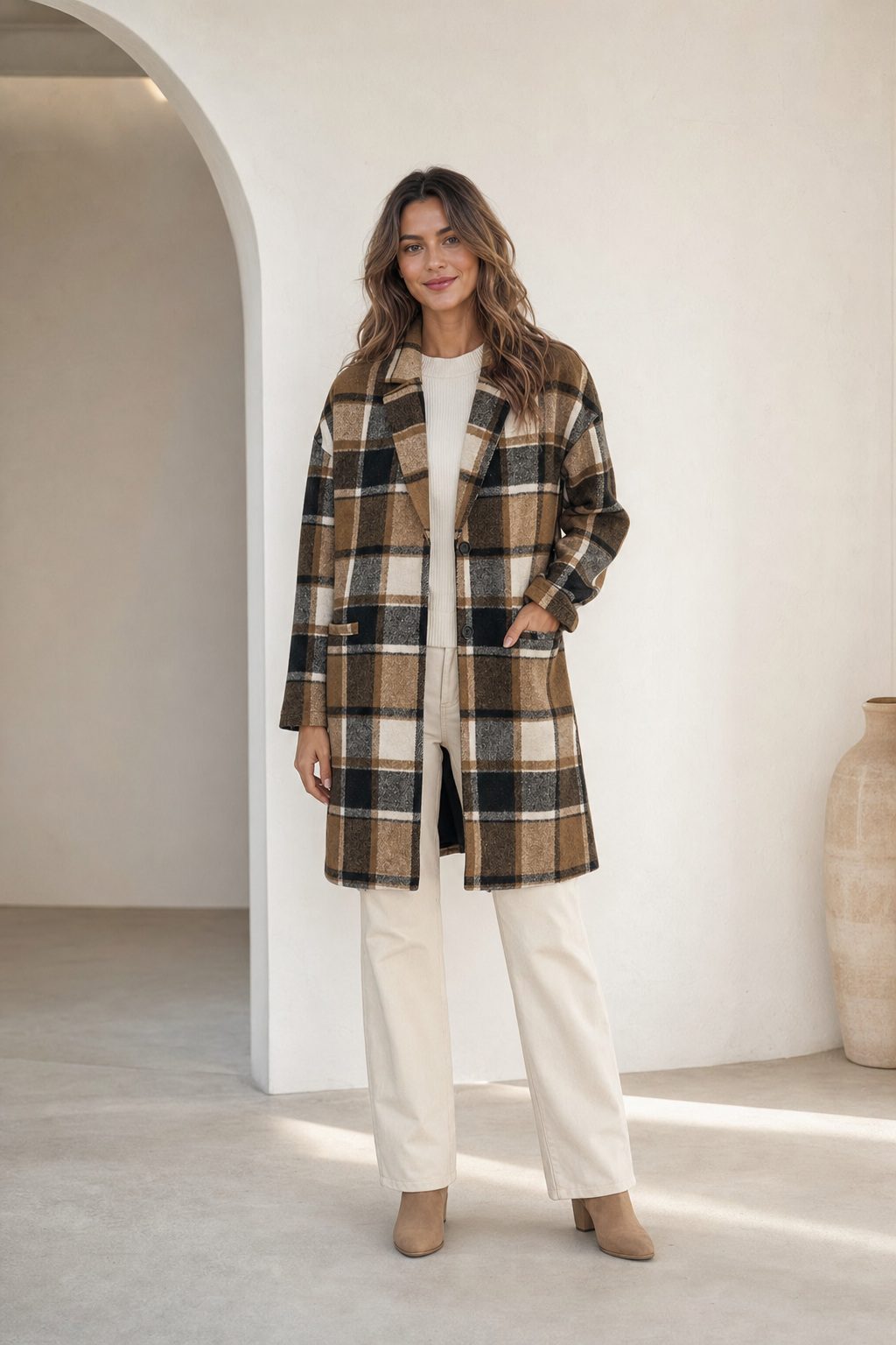 relaxed checked longline coat, brown - worn, full-length view
